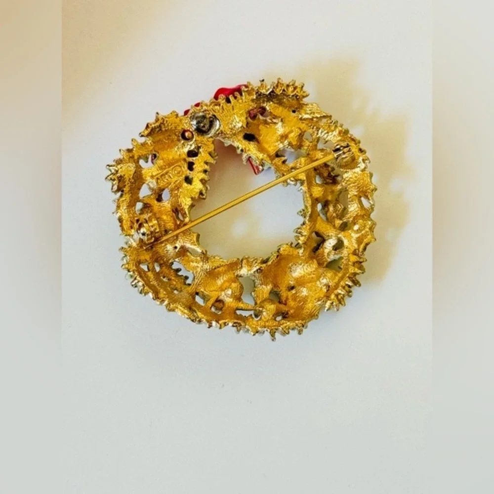 VTG Signed‎ ART Arthur Pepper Christmas Wreath Pin Holiday Rhinestone Enamel 50s